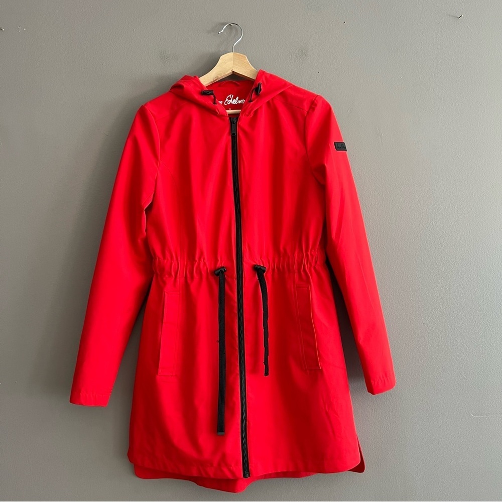 Sam Edelman Women's Hooded Fill Zip Rain Jacket Water Resistant Stretch Red XS - Picture 1 of 16